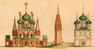 Ансамбль храмов в Коровниках (1649-80) в 1845 (акварель А. Белоногова)