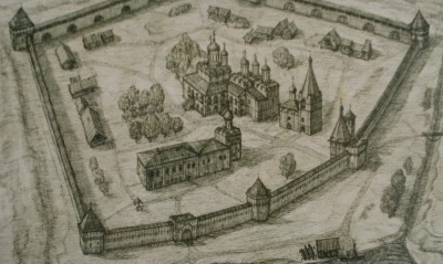 Трапезная палата с Крестовой (Рождественской) церковью. Рисунок начала XVII в.